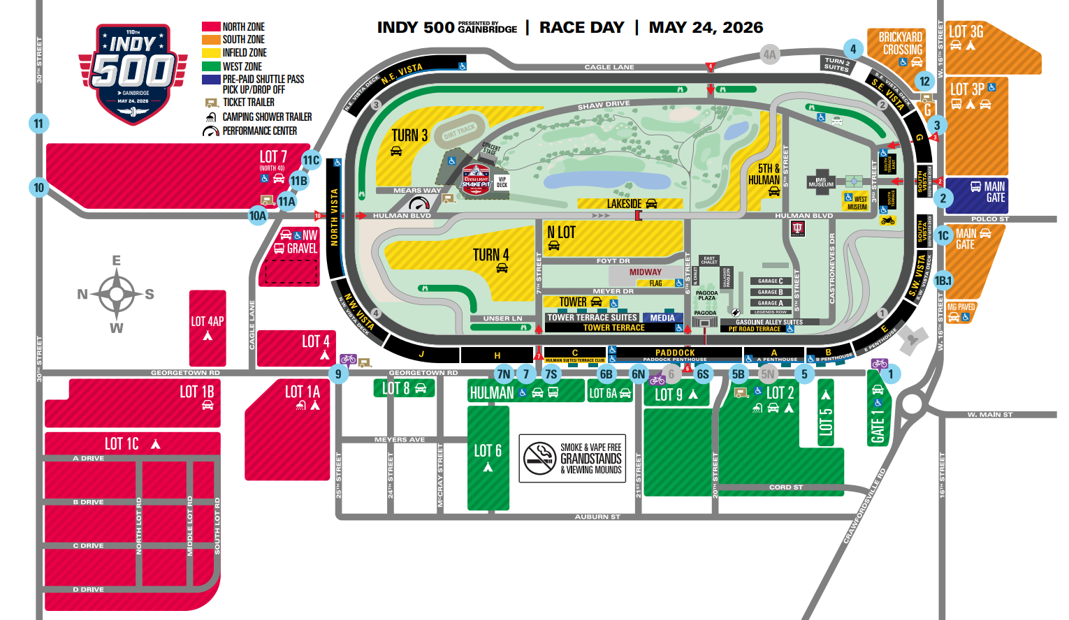 Indianapolis Motor Speedway track map showing gates, parking areas, and east and west sides for Indy 500 race day